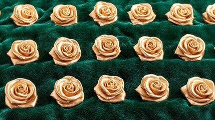 Elegant Golden Rose Decorations on Rich Green Velvet Background for Romantic Occasions and Events