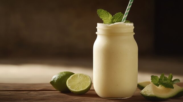 Refreshing Smoothie in a Mason Jar with Lime and Mint Garnish