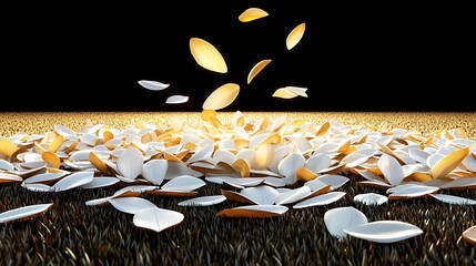 Abstract Artwork of Floating Petals in a Dark Space with Bright Light and Grass Texture Below