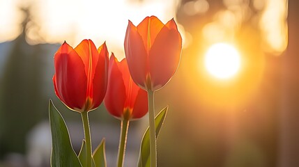 Beautiful Red Tulips Against a Warm Sunset Glow with Soft Focus and Gentle Background Blur