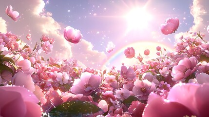 Magical Spring Blossoms with Sunlight and Rainbow Over a Vibrant Flower Meadow in Full Bloom