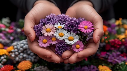 Hands Holding Fresh Colorful Flowers with Vibrant Background in Soft Focus for Nature and Beauty Themes