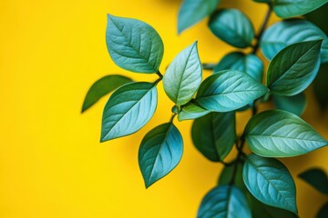 Obraz premium 緑色の葉が映える黄色い背景の上に配置された植物のバランスの取れた構成