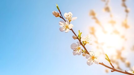 Delicate Cherry Blossom Branch Bathed in Morning Light Against a Clear Blue Sky