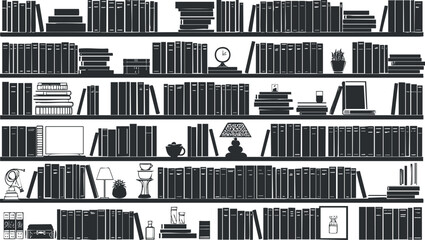 Black and white silhouette illustration of bookshelves filled with books and decor.