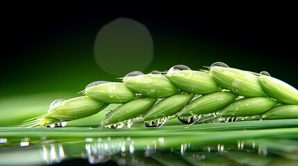 Close-Up of Fresh Green Rice Grain with Dew Drops on Leaf Against a Soft Focus Background