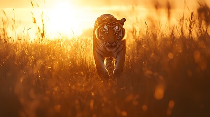 Golden Gaze: A majestic tiger strides powerfully through tall, sun-drenched grasslands, its focused gaze a symbol of strength and untamed beauty