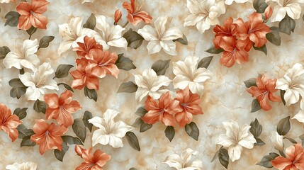 Beautiful Floral Pattern with Vibrant Flowers in Various Shades of Red and Cream on Soft Pastel Background