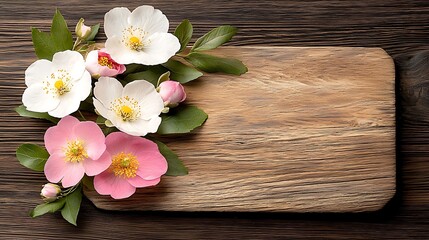 Beautiful Arrangement of White and Pink Flowers on Rustic Wooden Background with Empty Space for Text