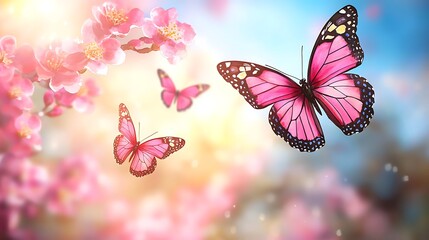 Beautiful pink butterflies flying near blooming flowers with a bright and dreamy background