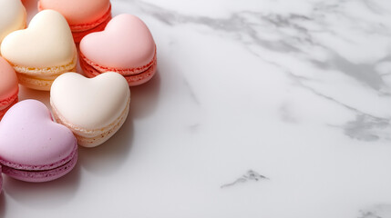 Fototapeta premium Pink and white heart-shaped macarons with red heart decorations scattered around them. 