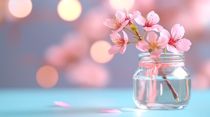 Delicate Cherry Blossom Branch in Glass Jar with Soft Pink Bokeh Background for Spring Decor