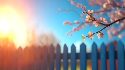 Delicate Cherry Blossom Branch Against a Soft Sunrise with a Blue Fence in a Serene Landscape Setting