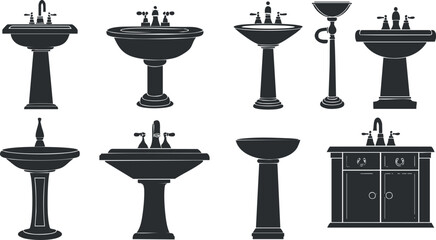 Silhouette vector set of various sink designs and styles for bathrooms.