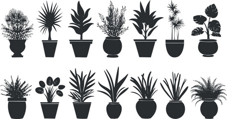 Silhouettes of various potted plants in different shapes and sizes.