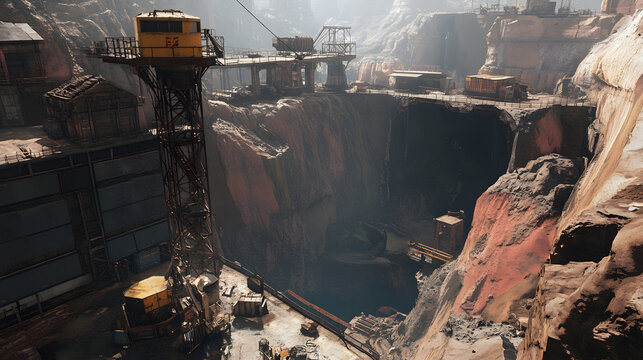 A mining headframe extends into the sky over a vast excavation site, with machinery and equipment scattered around the deep mine entrance.