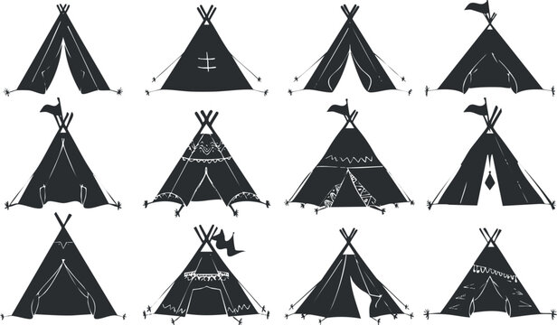 Black and white vector illustration of traditional teepee tents.