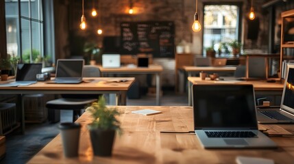 Cozy Workspace Ambiance: Laptops and office supplies on wooden desks under soft lightbulbs, creating a comfortable atmosphere of modern business life. 