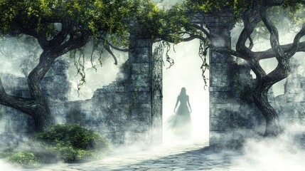 Enchanted Gateway A Mysterious Silhouette Emerging from Foggy Ruins Surrounded by Ancient Tree