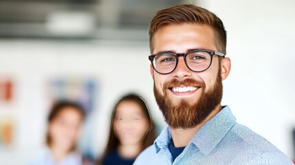 Obraz premium Bearded professional man with glasses in bright blurred office environment exuding trust clarity business mindset and authority in modern high quality workplace vector stock image