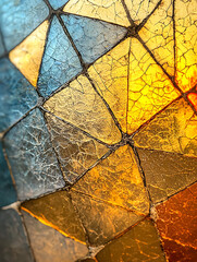 Cracked colorful geometric mosaic with golden blue and orange hues creating an abstract and textured light pattern.