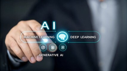 Artificial Intelligence and mobile technology concept. Man using AI. generative AI. innovation. smartphone. Holding ai text