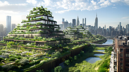 Obraz premium A vibrant city with sustainable urban design, featuring vertical gardens on residential buildings, solar-powered public spaces, and an overall commitment to reducing the urban carbon footprint.
