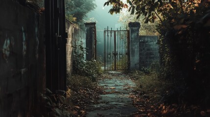 Enchanted Pathway Leading to a Mysterious Gate in a Serene Garden Setting