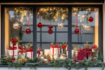Creative holiday gift shop window display featuring festive decorations and lights in a cozy urban setting