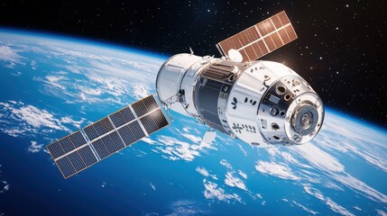 Fototapeta premium Space tourism and satellite atmosphere, A detailed spacecraft or satellite orbits Earth, showcasing solar panels and a stunning view of the planet below against a starry backdrop.