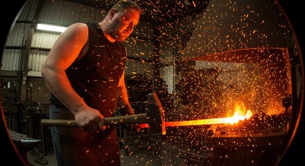Blacksmith Forging Metal, Sparks Flying High