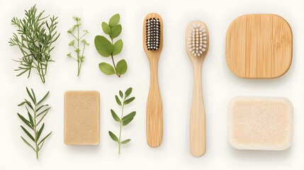 Eco-Friendly Routine: An overhead shot of a carefully curated arrangement featuring eco-friendly toiletries, with a selection of vibrant greenery accenting the scene, promoting sustainable living
