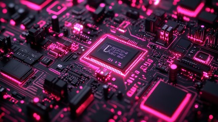 Fototapeta premium Close-up of glowing circuit board with central processor