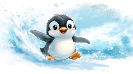 Adorable Penguin Surfing a Gentle Wave: A Delightful Watercolor Painting