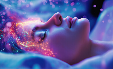 Fototapeta premium A woman peacefully sleeping with a dream visualization of colorful stars and galaxies above her. 