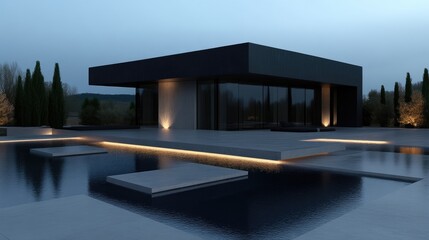 Fototapeta premium Modern house by a tranquil pool at dusk