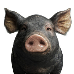A curious pigs face stares intently forward showing dark fur and a pink nose