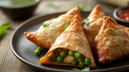 Several golden triangles of fried savory food are displayed on a plate