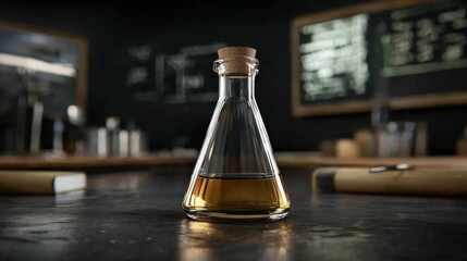 A glass flask with a cork stopper filled with a yellow liquid sits on a dark table, surrounded by blurred laboratory equipment and chalkboards, ideal for science, education, or research themes,