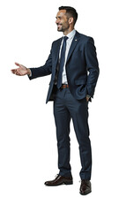 Smiling businessman offering handshake, isolated on transparent background.