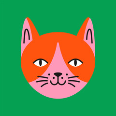 Funny fluffy kitten face in flat funny style. Isolated colorful cat pet character on a green background.