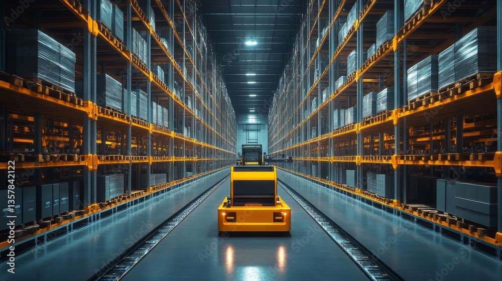 Poster a vibrant warehouse features automated transport vehicles moving through organized rows of shelves f
