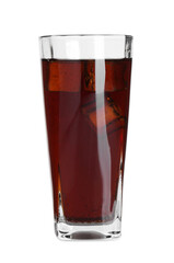 Sweet soda water with ice cubes in glass isolated on white