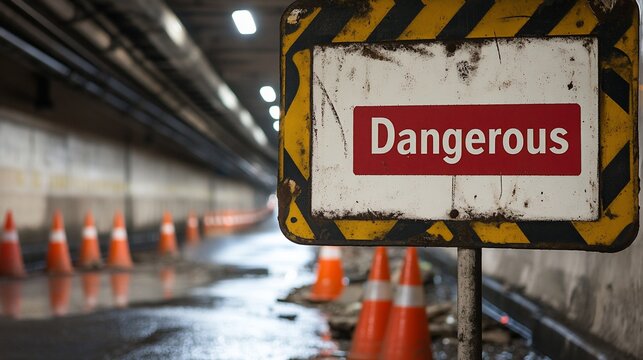Urban caution: Hazardous conditions marked by weathered warning sign in city tunnel