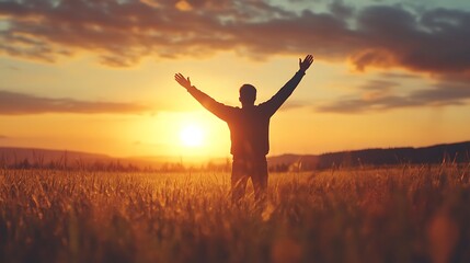 Handsome man enjoying peaceful nature surrounded by endless fields image