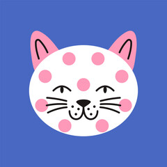Adorable baby kitten face in a vibrant, childish style. Isolated on a blue background for fun decorations.