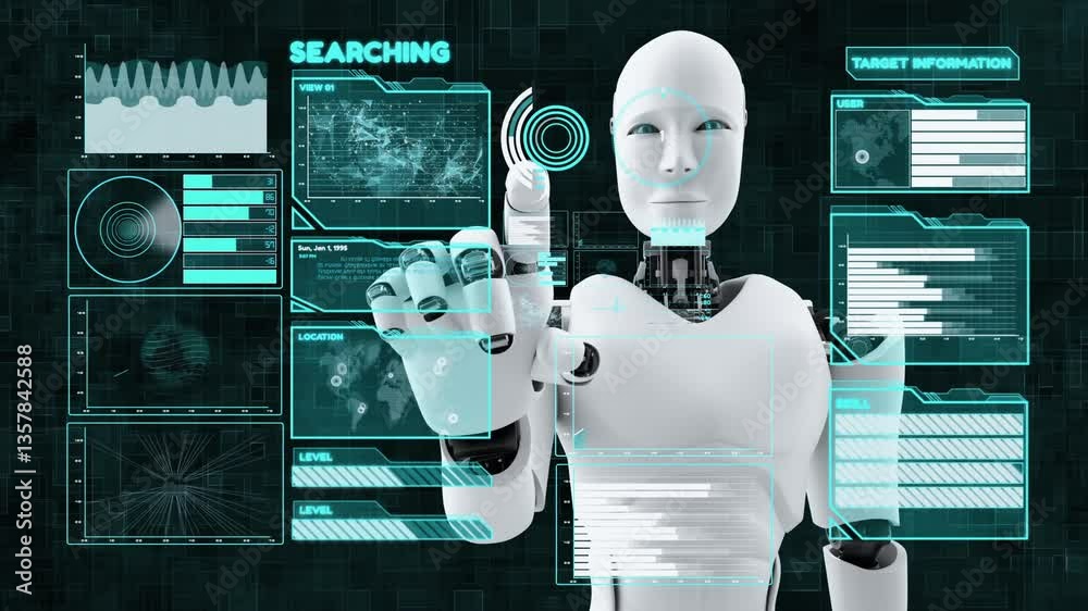 Poster futuristic robot, artificial intelligence cgi big data analytics and programming . robotic man 3d re