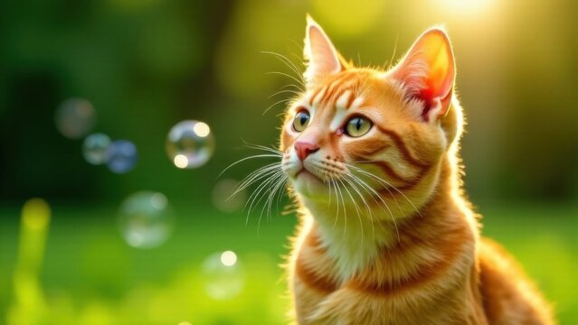 Cute ginger cat enjoying bubbles in sunlit garden