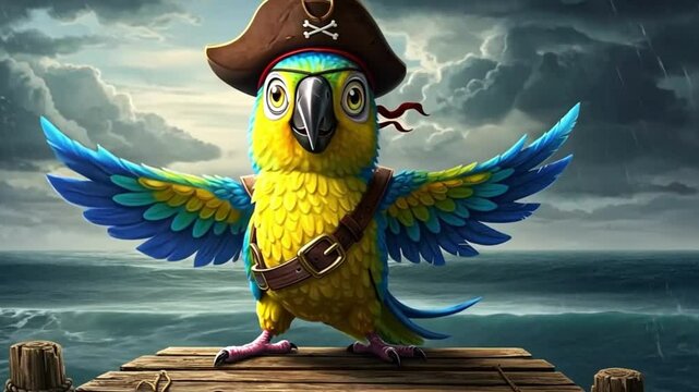 Pirate Parrot Standing on Dock Under Stormy Sky Animated Illustration