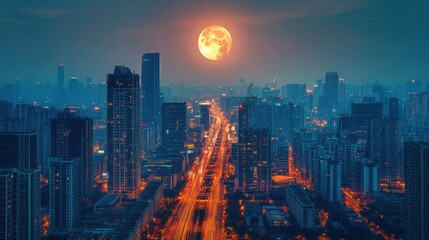 Fototapeta premium Night Cityscape under a Giant Orange Moon